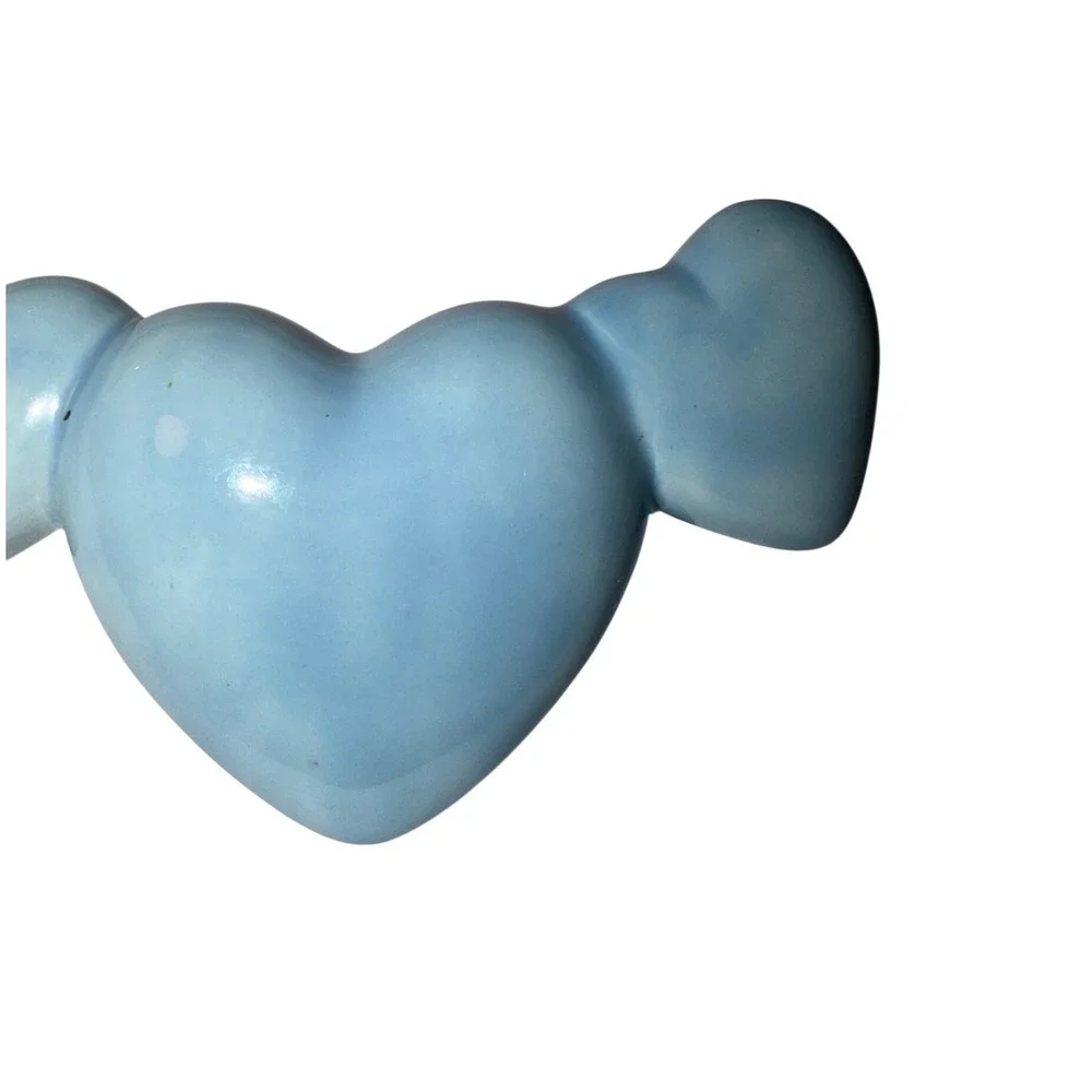 Vtg Blue Ceramic Triple Heart Bud Oversized Necklace Charm Whimsical Puffy Heart